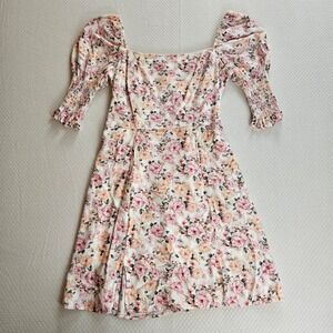 Floral Puff Sleeve Smocked Back Mini Dress Pink S Romantic Dainty Cottage Femme